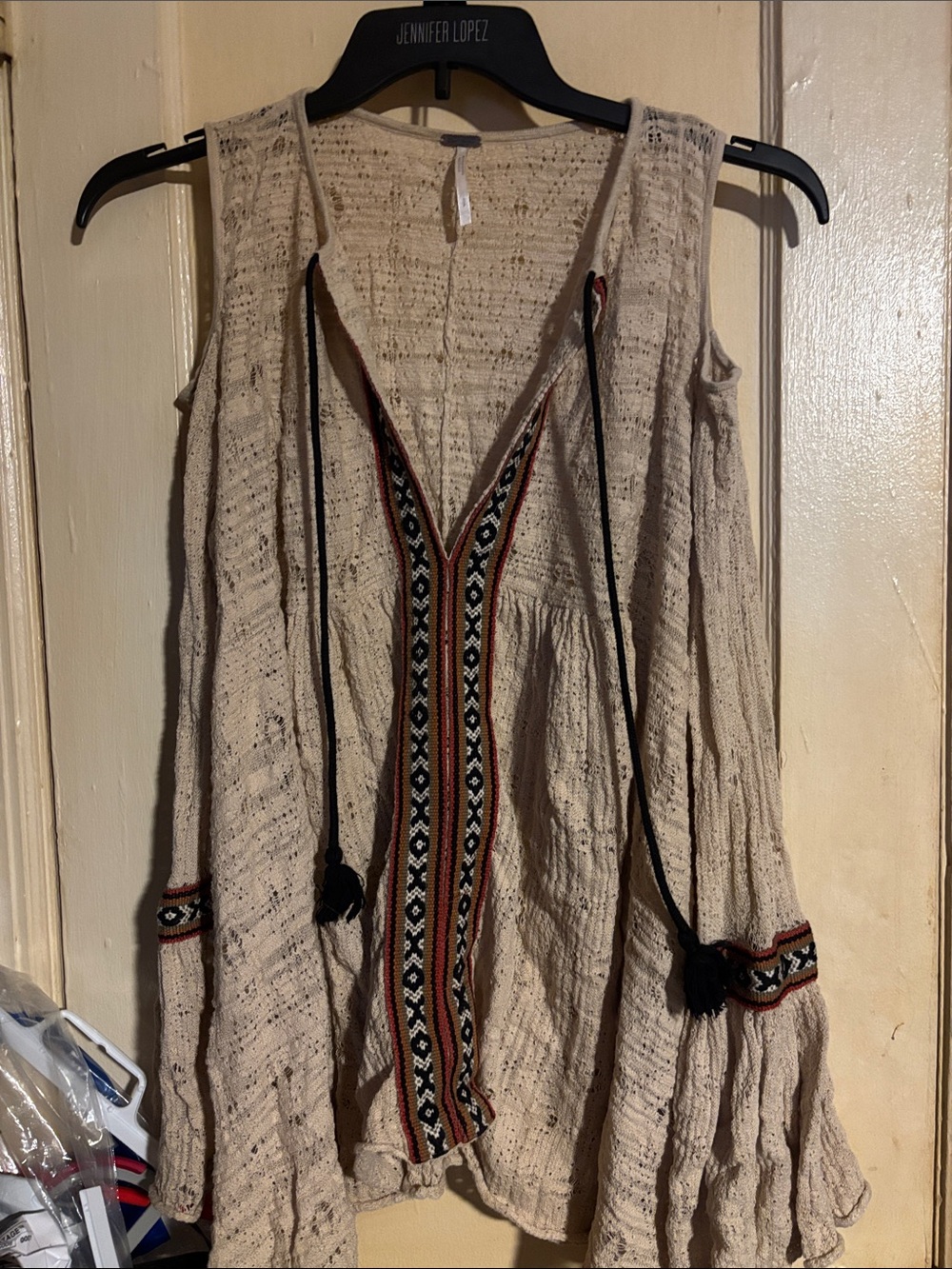 Free People cold shoulder Boho Embroidered Cream Peasant long sleeve Blouse